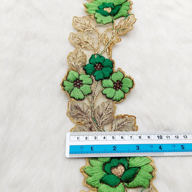 Green and Gold Floral Embroidered Trim, Tissue Fabric Cutwork Lace Flowers Embroidery, Floral Sari Trimming